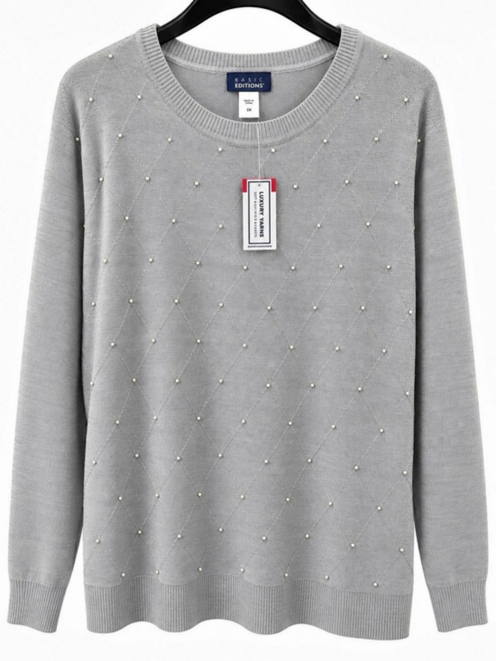 Basic Editions Beaded Diamond Knit Sweater Gray Size 2X NWT